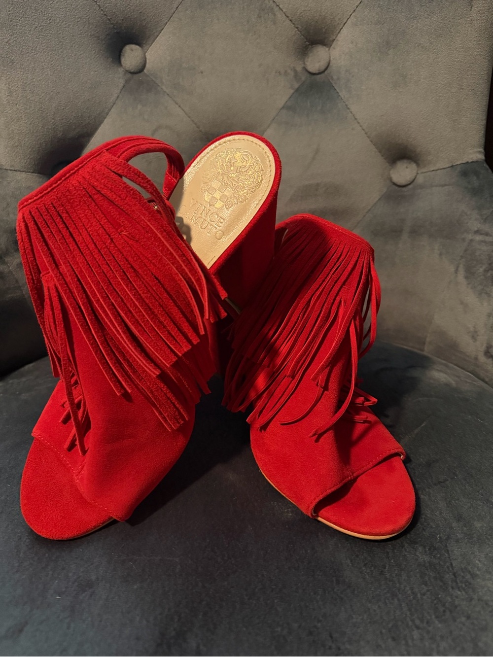 Vince Camuto Red Suede Fringe Open-Toe Mules
